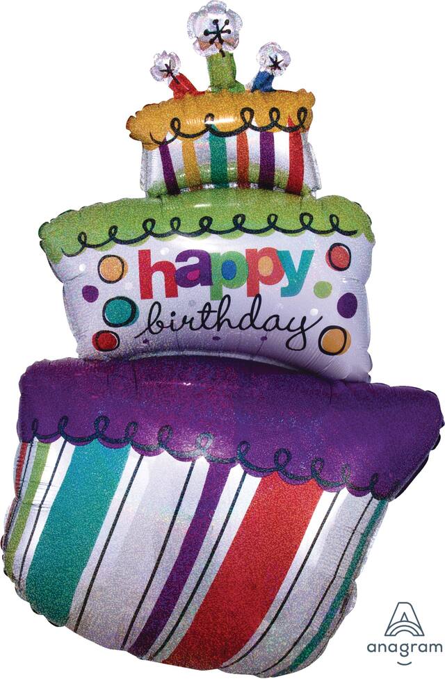 "Happy Birthday" Birthday Cake Satin Foil Balloon, Multi-Coloured, Striped, 37-in, Helium Inflation & Ribbon Included for Birthday Party Front_Flat