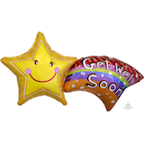 "Get Well Soon" Star & Rainbow Satin Foil Balloon, Yellow/Multi-Coloured, 27-in, Helium Inflation & Ribbon Included Front_Flat