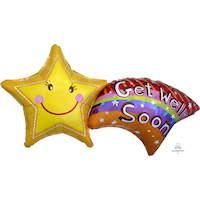 Ballon en aluminium satiné étoile et arc-en-ciel Get Well Soon, jaune/multicolore, 27 po, ruban et gonflage hélium compris Front_Flat