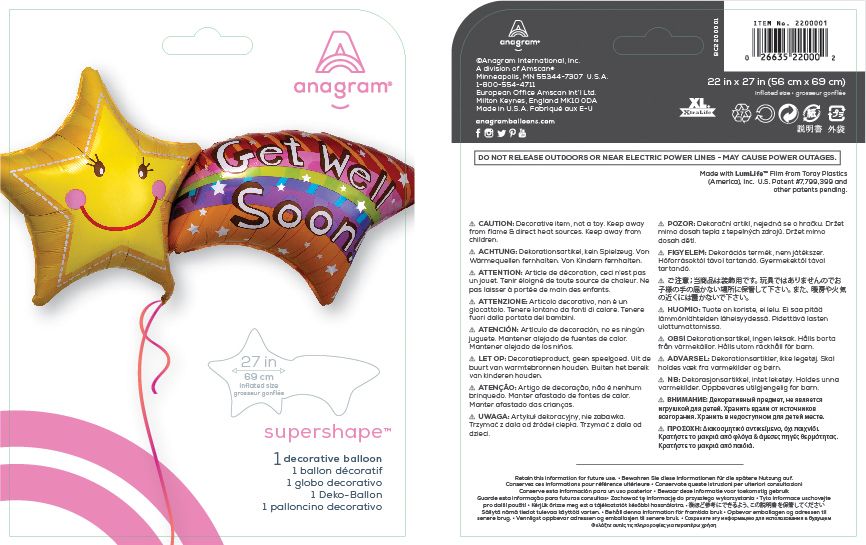 Ballon en aluminium satiné étoile et arc-en-ciel Get Well Soon, jaune/multicolore, 27 po, ruban et gonflage hélium compris Composite_or_Mixed