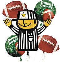 "Touch Down" Referee/Football  Satin Foil Balloon Bouquet, Brown/Green, Striped, 5-pk, Helium Inflation & Ribbon Included for Sports Party/Superbowl Front_Flat