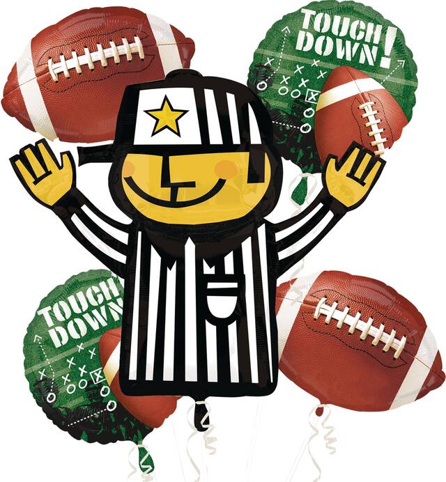 "Touch Down" Referee/Football  Satin Foil Balloon Bouquet, Brown/Green, Striped, 5-pk, Helium Inflation & Ribbon Included for Sports Party/Superbowl Front_Flat