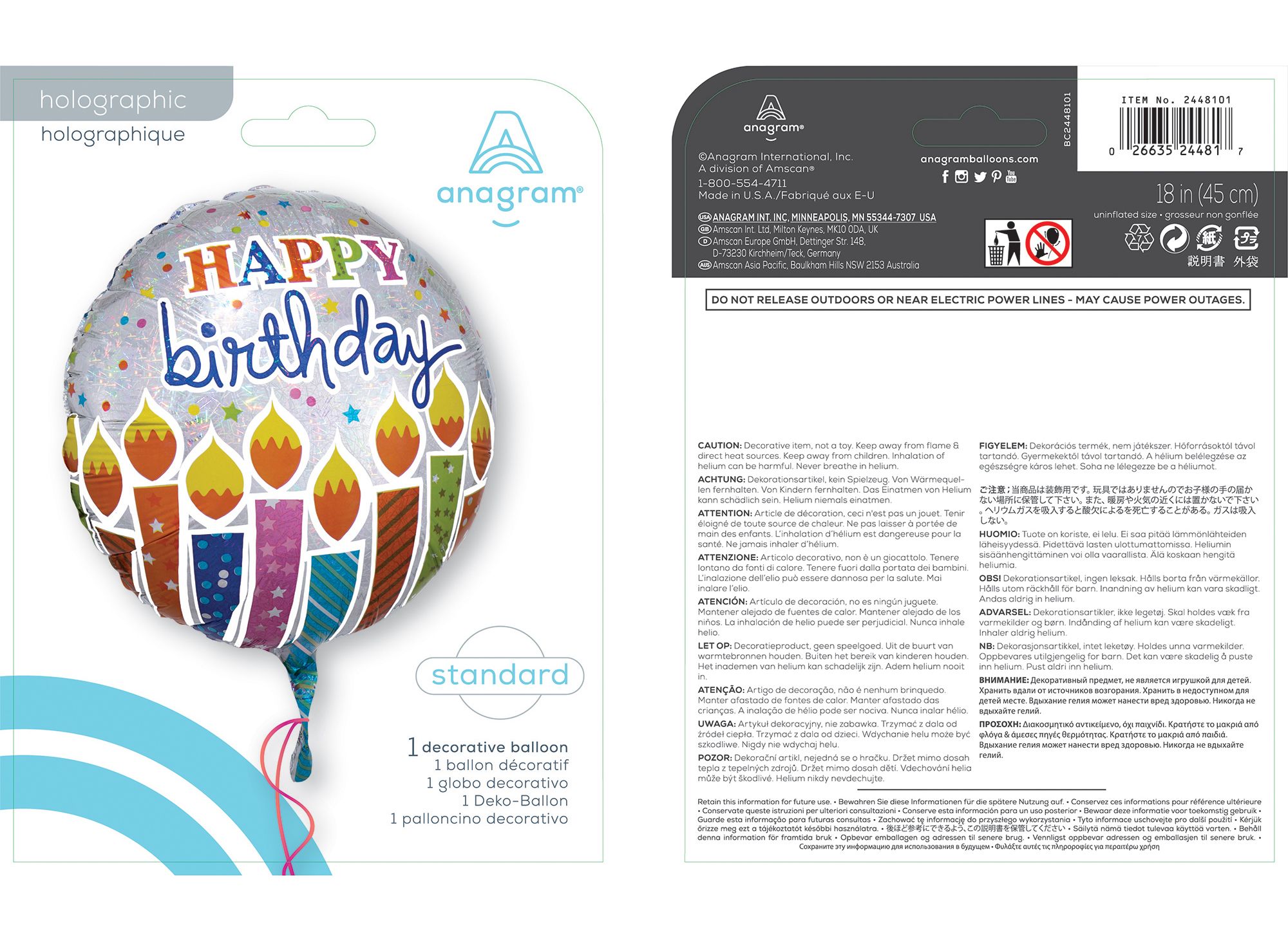 Ballon en aluminium satiné rond Happy Birthday, argent/multicolore, bougies d'anniversaire, 17 po, gonflement à l'hélium et ruban inclus, pour fête d'anniversaire Composite_or_Mixed