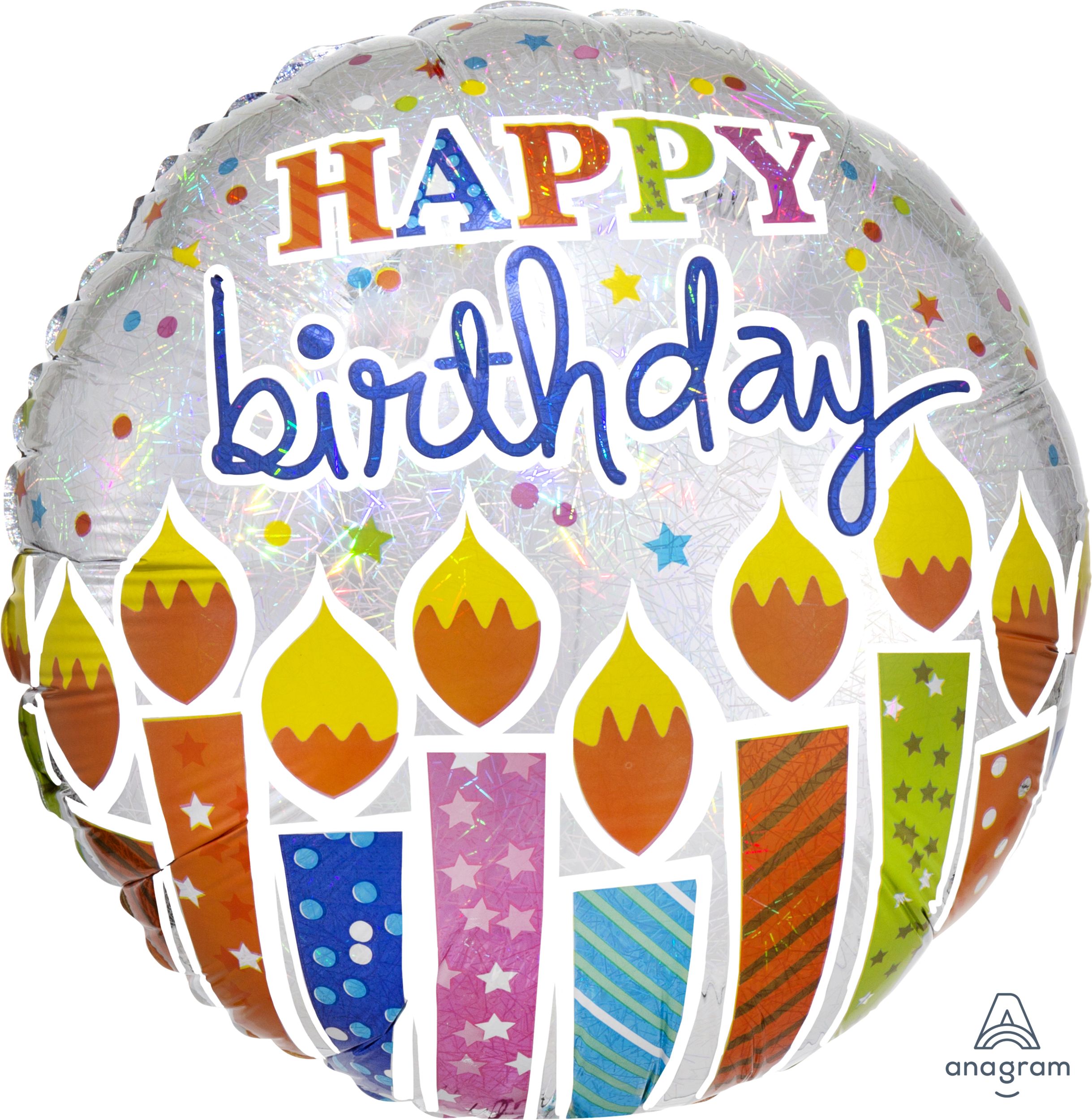 Ballon en aluminium satiné rond Happy Birthday, argent/multicolore, bougies d'anniversaire, 17 po, gonflement à l'hélium et ruban inclus, pour fête d'anniversaire Front_Flat