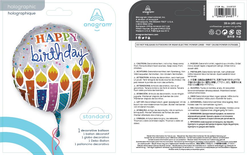 Ballon en aluminium satiné rond Happy Birthday, argent/multicolore, bougies d'anniversaire, 17 po, gonflement à l'hélium et ruban inclus, pour fête d'anniversaire Composite_or_Mixed