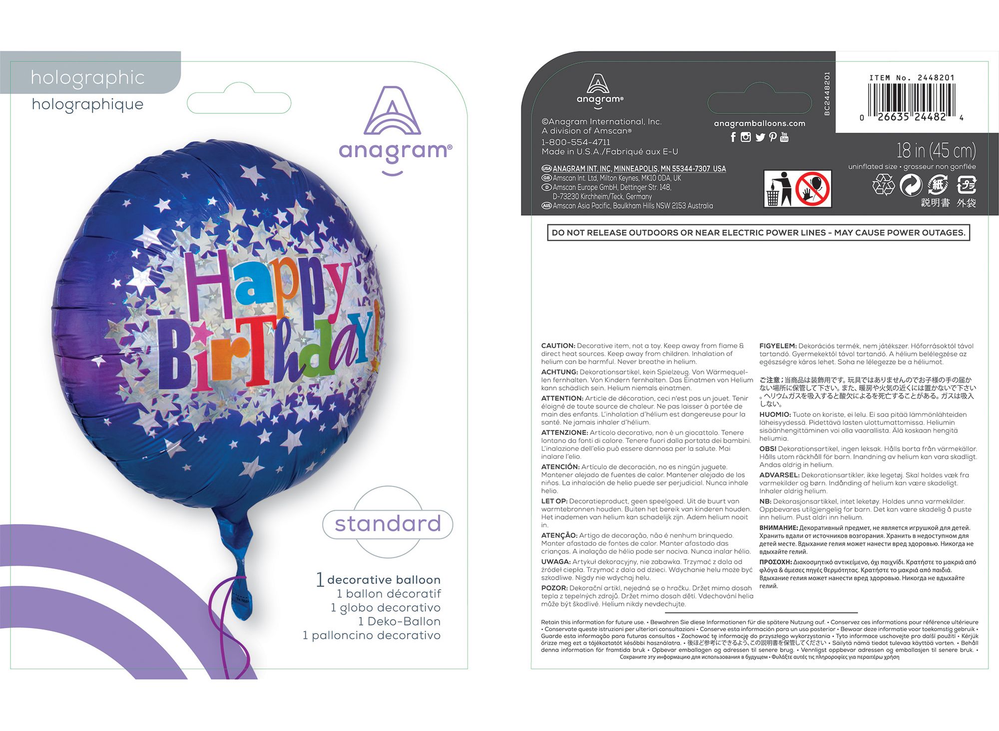 Ballon en aluminium satiné rond Happy Birthday, bleu/mauve, étoiles, 17 po, gonflement à l'hélium et ruban inclus, pour fête d'anniversaire Composite_or_Mixed