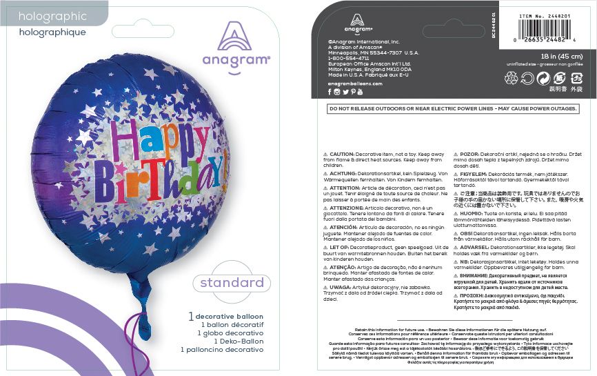 Ballon en aluminium satiné rond Happy Birthday, bleu/mauve, étoiles, 17 po, gonflement à l'hélium et ruban inclus, pour fête d'anniversaire Composite_or_Mixed
