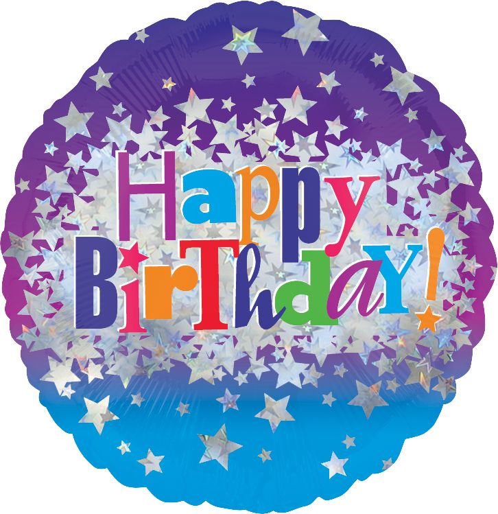 Ballon en aluminium satiné rond Happy Birthday, bleu/mauve, étoiles, 17 po, gonflement à l'hélium et ruban inclus, pour fête d'anniversaire Front_Flat