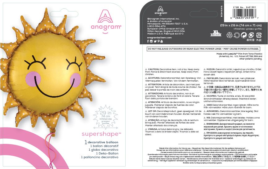 Ballon en aluminium satiné, soleil souriant, jaune, 26 po, gonflement à l'hélium et ruban inclus, pour l'été Composite_or_Mixed