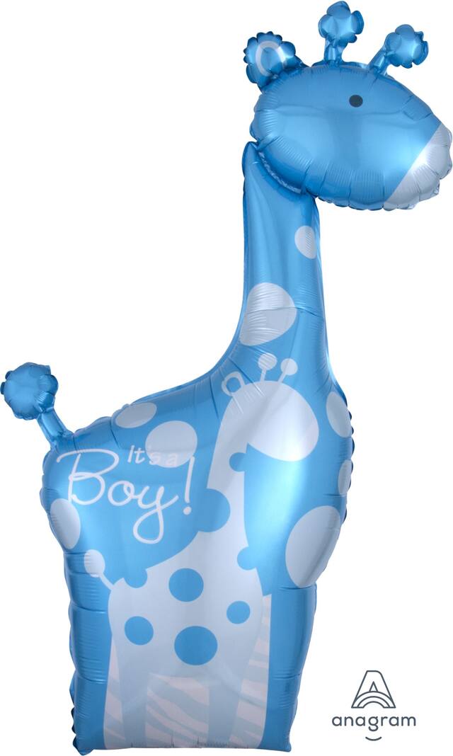 "It's a Boy" Giraffe Satin Foil Balloon, Blue, 42-in, Helium Inflation & Ribbon Included for Baby Shower Front_Flat