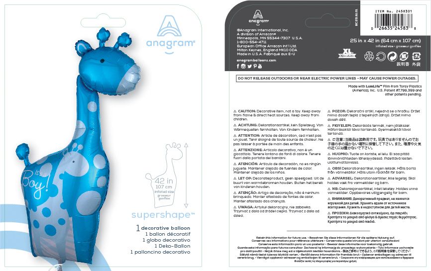 "It's a Boy" Giraffe Satin Foil Balloon, Blue, 42-in, Helium Inflation & Ribbon Included for Baby Shower Composite_or_Mixed