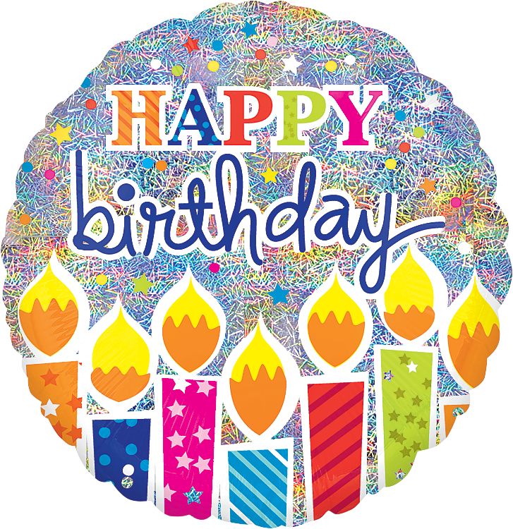 Ballon en aluminium satiné rond Happy Birthday, multicolore, bougies d'anniversaire, 32 po, gonflement à l'hélium et ruban inclus, pour fête d'anniversaire Front_Flat