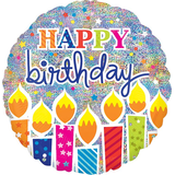 "Happy Birthday" Round Satin Foil Balloon, Multi-Coloured, Birthday Candles, 32-in, Helium Inflation & Ribbon Included for Birthday Party Front_Flat