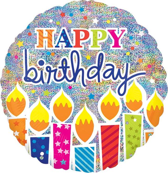 Ballon en aluminium satiné rond Happy Birthday, multicolore, bougies d'anniversaire, 32 po, gonflement à l'hélium et ruban inclus, pour fête d'anniversaire Front_Flat
