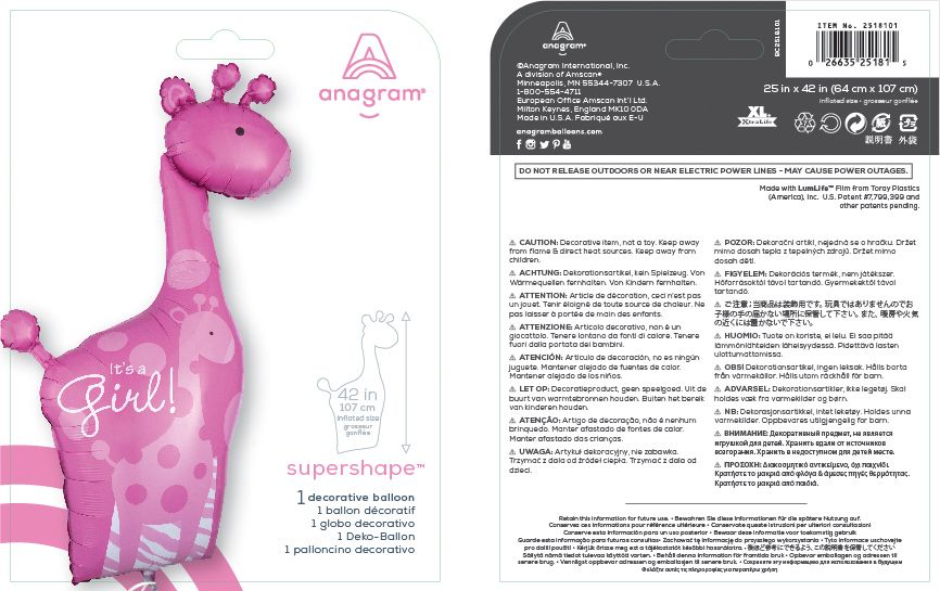 "It's a Girl" Giraffe Satin Foil Balloon, Pink, 42-in, Helium Inflation & Ribbon Included for Baby Shower Composite_or_Mixed