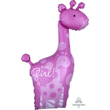 "It's a Girl" Giraffe Satin Foil Balloon, Pink, 42-in, Helium Inflation & Ribbon Included for Baby Shower Front_Flat