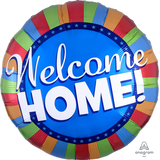 "Welcome Home" Round Satin Foil Balloon, Blue/Multi-Coloured, Striped, 32-in, Helium Inflation & Ribbon Included Front_Flat