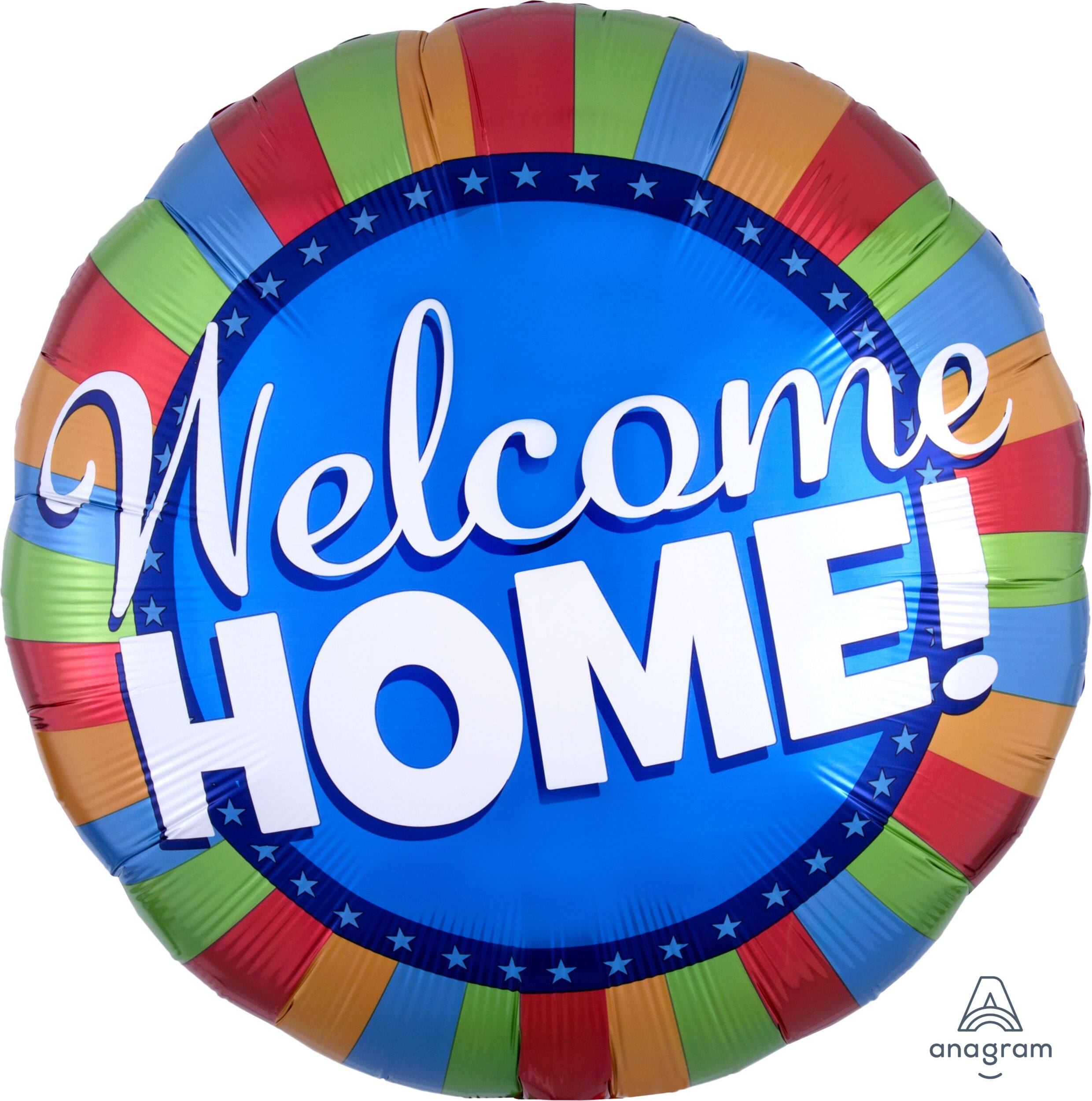 "Welcome Home" Round Satin Foil Balloon, Blue/Multi-Coloured, Striped, 32-in, Helium Inflation & Ribbon Included Front_Flat