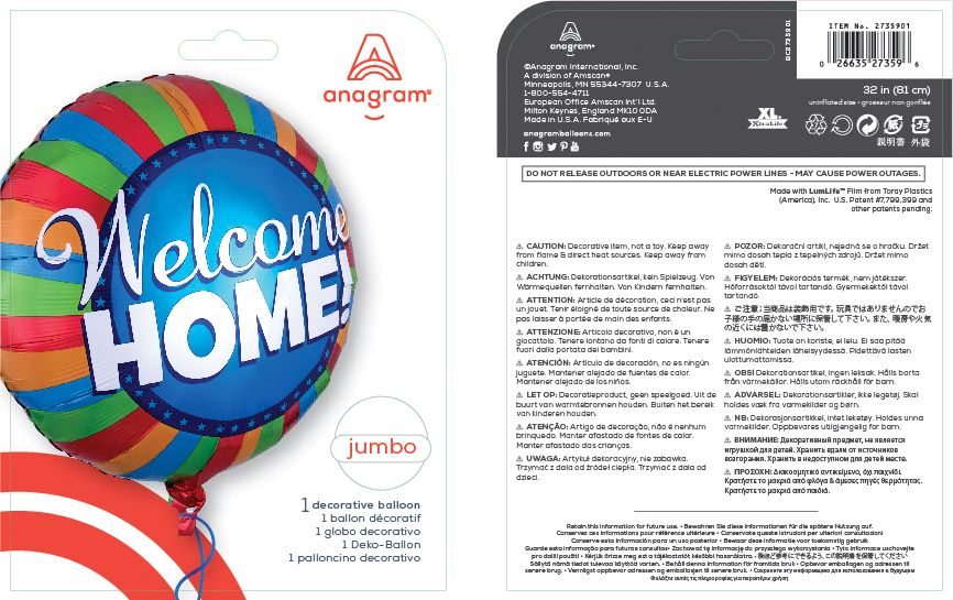 Ballon en aluminium satiné rond Welcome Home, bleu/multicolore, rayé, 32 po, ruban et gonflage hélium compris Composite_or_Mixed