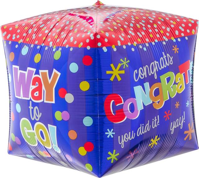 Ballon en aluminium satiné Cubez Congrats, bleu/rouge, à pois, 15 po, gonflement à l'hélium et ruban inclus, pour remise de diplôme/retraite Front_Angled_Right