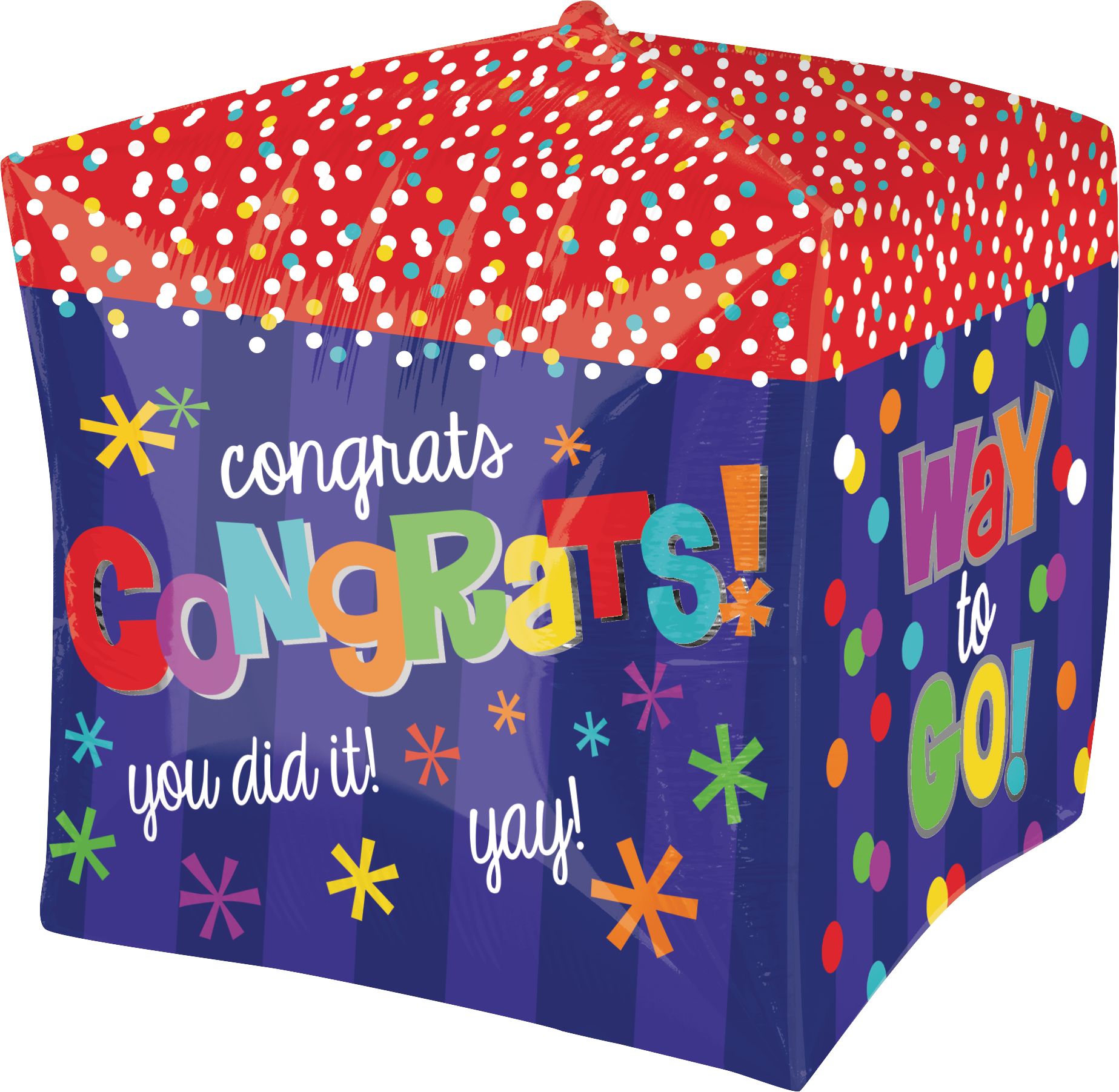 "Congrats" Cubez Satin Foil Balloon, Blue/Red, Polka Dot, 15-in, Helium Inflation & Ribbon Included for Graduation Front_Angled_Left