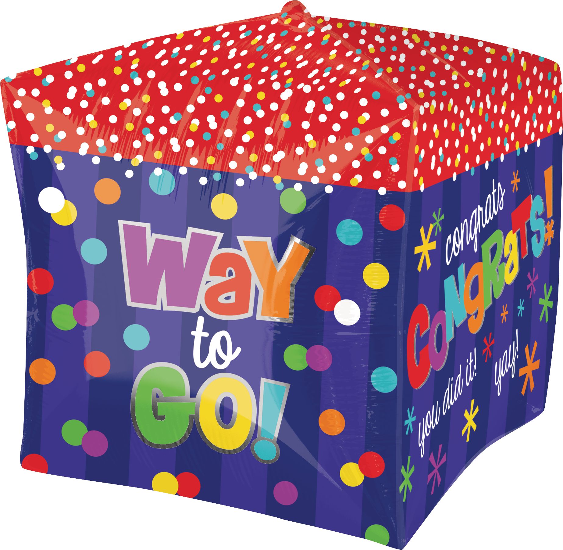 "Congrats" Cubez Satin Foil Balloon, Blue/Red, Polka Dot, 15-in, Helium Inflation & Ribbon Included for Graduation Front_Angled_Right