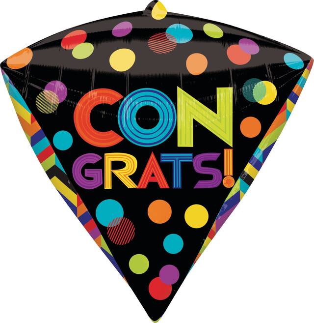 "Congrats" Diamond Satin Foil Balloon, Black/Multi-Coloured, Polka Dot, 17-in, Helium Inflation & Ribbon Included for Graduation/Retirement Front_Flat