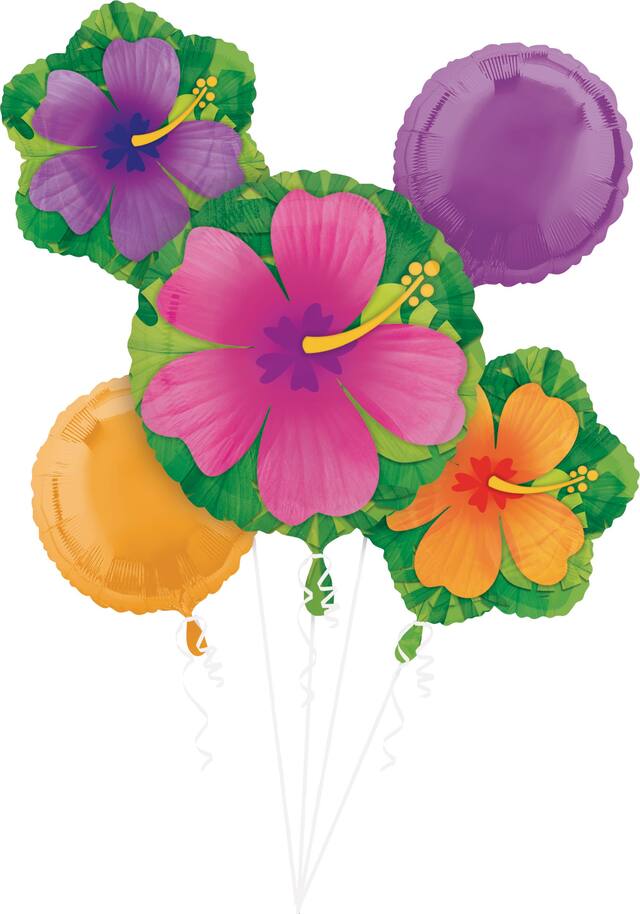 Bouquet de ballons en aluminium Hibiscus pour une fête tropicale/estivale, gonflage à l’hélium compris, paq. 5 Front_Flat