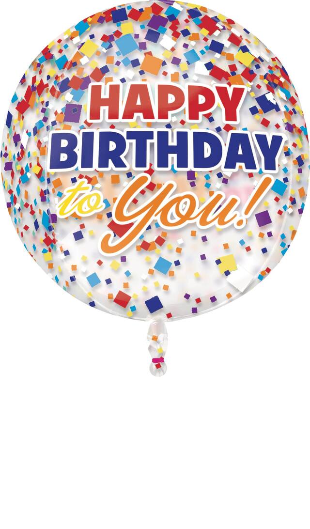 Ballon en aluminium Rainbow-fetti Happy Birthday See Thru Orbz, gonflage à l’hélium compris Front_Flat