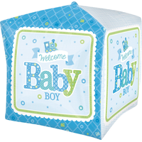 Ballon en aluminium Cubez Welcome Boy pour fête prénatale, gonflage à l’hélium compris, bleu, 15 x 15 po Front_Angled_Left