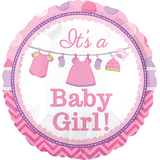 "It's a Baby Girl" Round Satin Foil Balloon, Pink, 17-in, Helium Inflation & Ribbon Included for Baby Shower Front_Flat