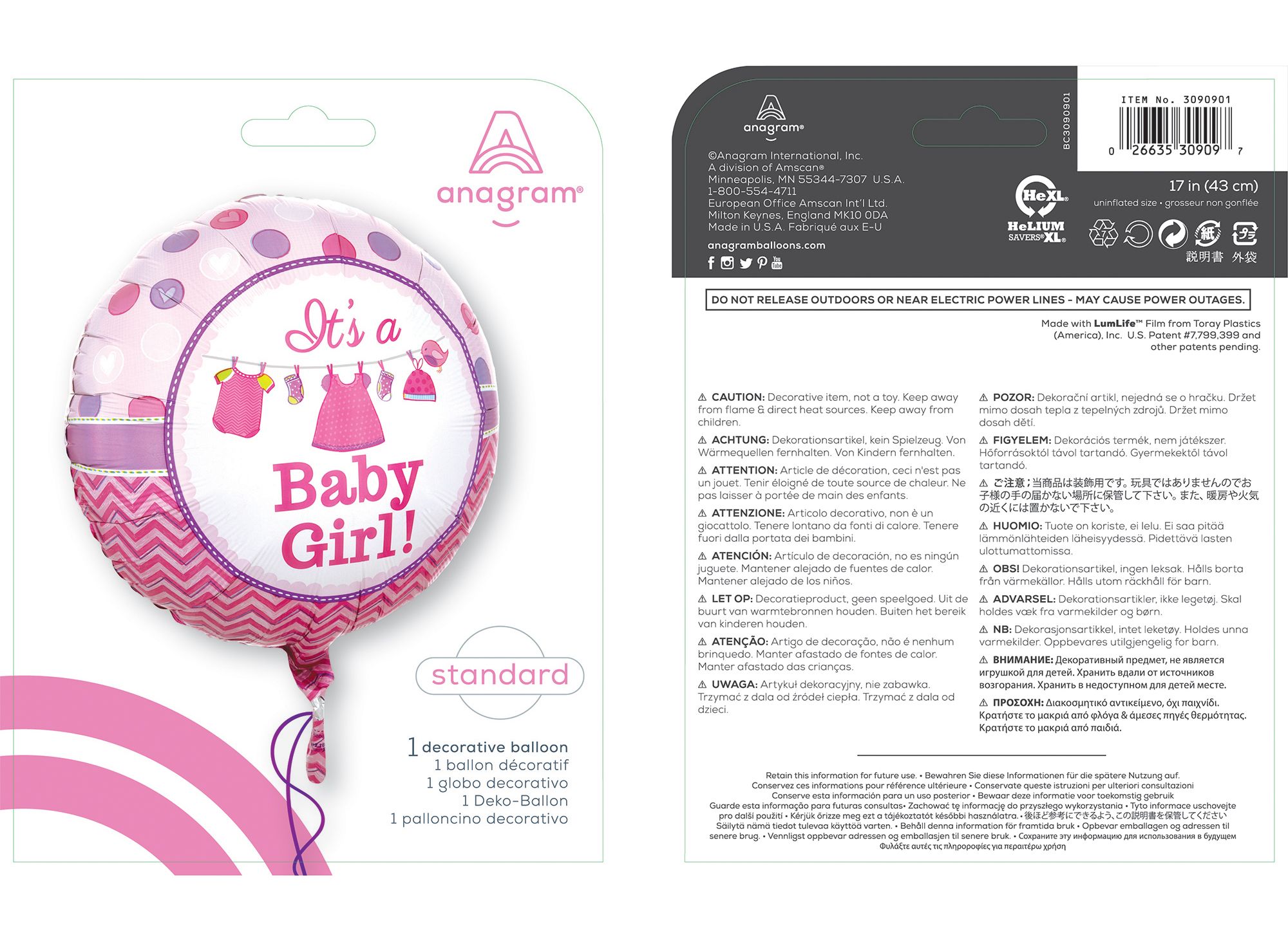 "It's a Baby Girl" Round Satin Foil Balloon, Pink, 17-in, Helium Inflation & Ribbon Included for Baby Shower Composite_or_Mixed