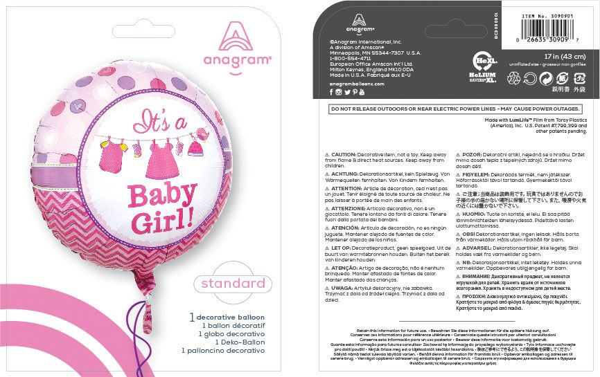 "It's a Baby Girl" Round Satin Foil Balloon, Pink, 17-in, Helium Inflation & Ribbon Included for Baby Shower Composite_or_Mixed