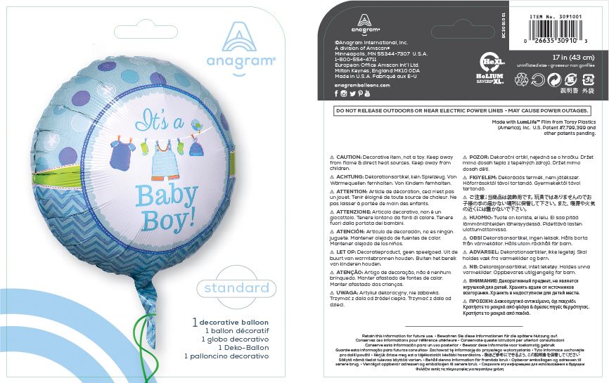 Ballon en aluminium satiné rond It's A Baby Boy, bleu, 17 po, gonflement à l'hélium et ruban inclus, pour fête prénatale Composite_or_Mixed