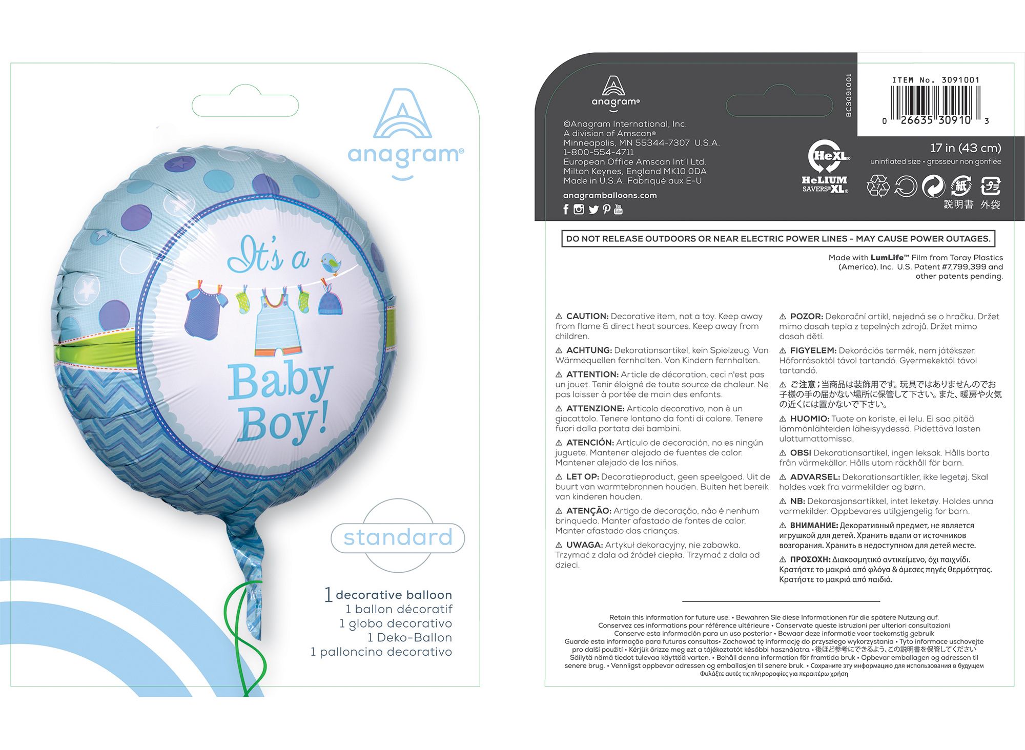 Ballon en aluminium satiné rond It's A Baby Boy, bleu, 17 po, gonflement à l'hélium et ruban inclus, pour fête prénatale Composite_or_Mixed