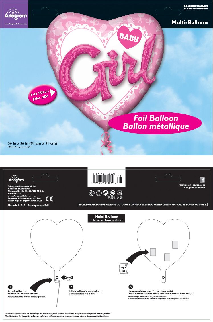 "Baby Girl" 3D Round Satin Foil Balloon, Pink/White, 36-in, Helium Inflation & Ribbon Included for Baby Shower Composite_or_Mixed