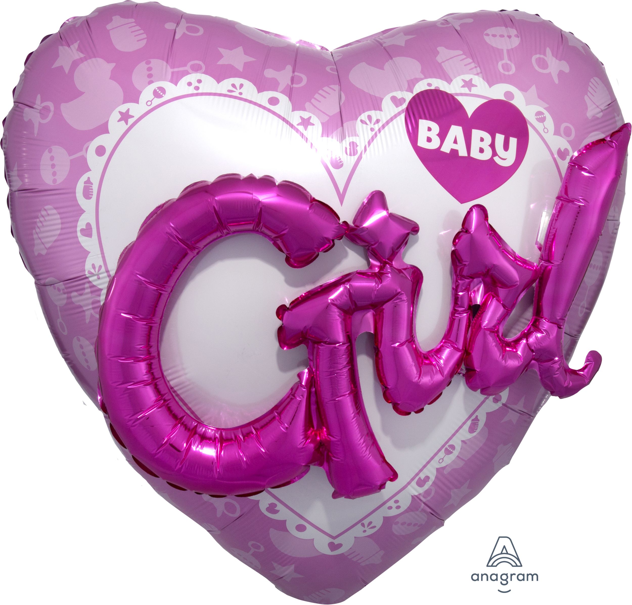 "Baby Girl" 3D Round Satin Foil Balloon, Pink/White, 36-in, Helium Inflation & Ribbon Included for Baby Shower Front_Angled_Right
