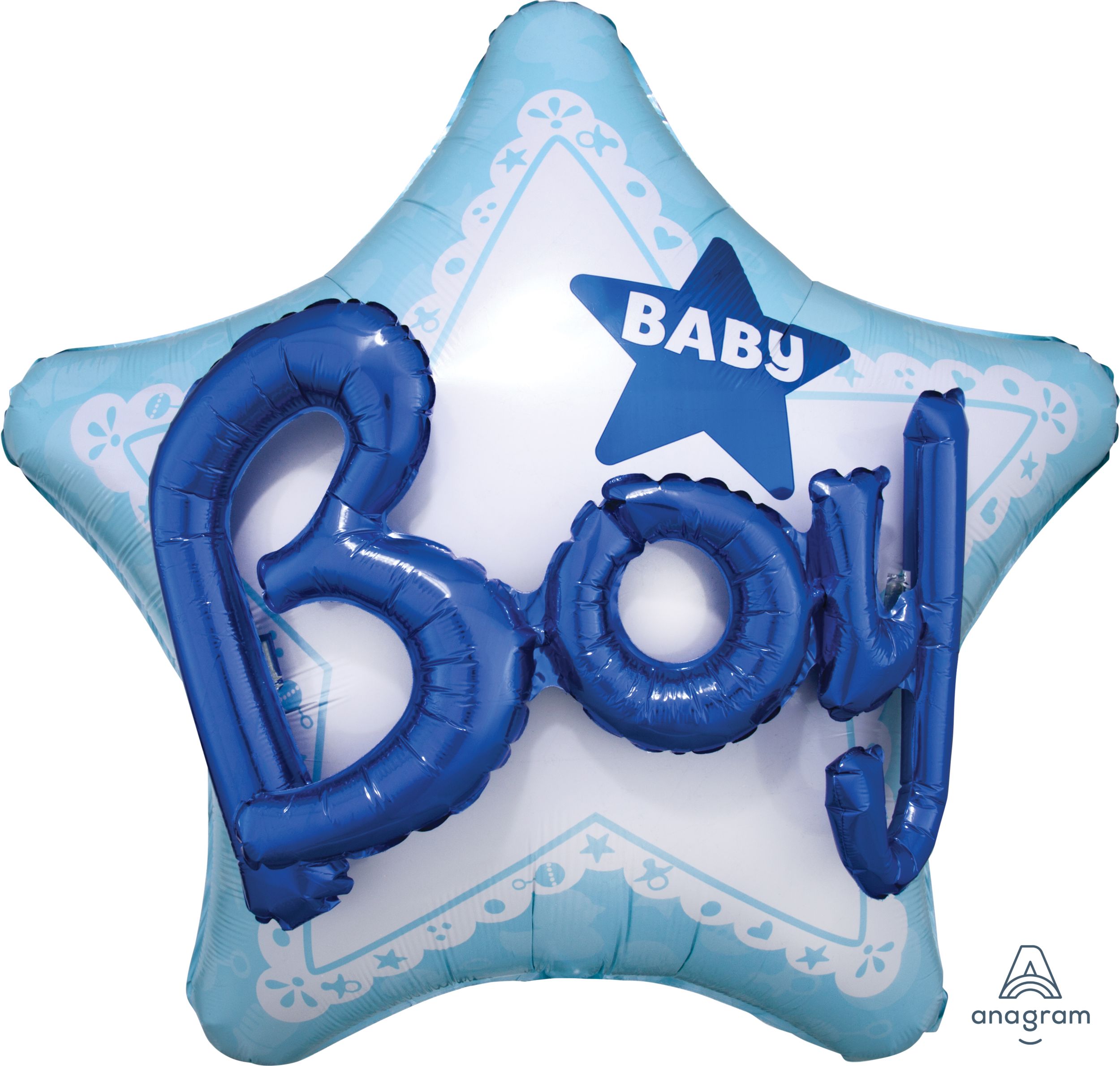 "Baby Boy" 3D Star Satin Foil Balloon, Blue/White, 32-in, Helium Inflation & Ribbon Included for Baby Shower Front_Flat