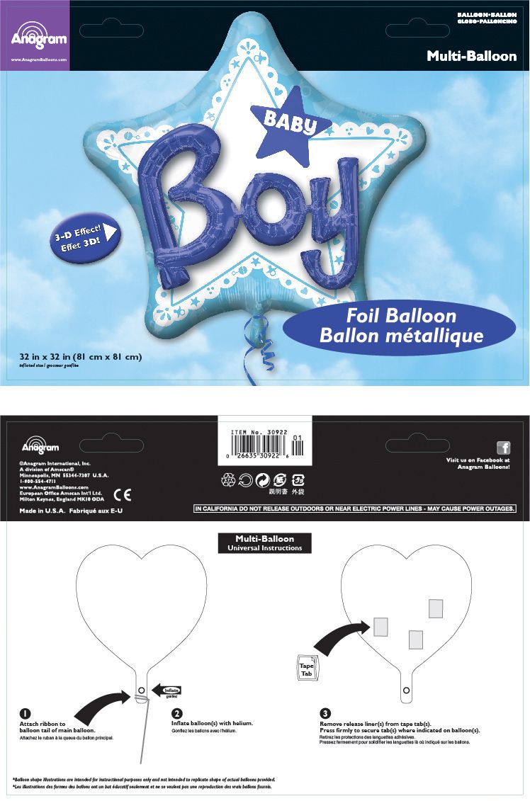 "Baby Boy" 3D Star Satin Foil Balloon, Blue/White, 32-in, Helium Inflation & Ribbon Included for Baby Shower Composite_or_Mixed