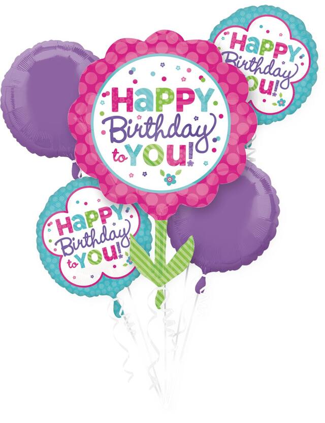 Birthday Foil Balloon Bouquet, Helium Inflation Included, Pink/Teal/Purple, 5-pc Front_Flat