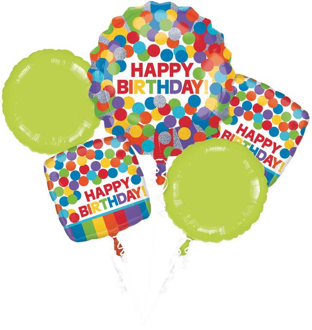 Bouquet de ballons en aluminium d’anniversaire arc-en-ciel, gonflage à l’hélium inclus, paq. 5 Front_Flat