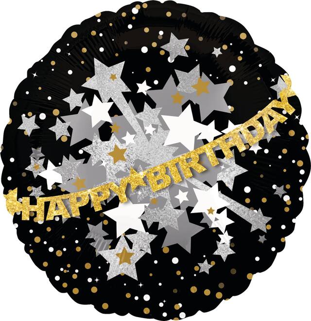 Prismatic Happy Birthday Foil Balloon, Helium Inflation Included, Black/Gold/Silver, 31-in Front_Flat