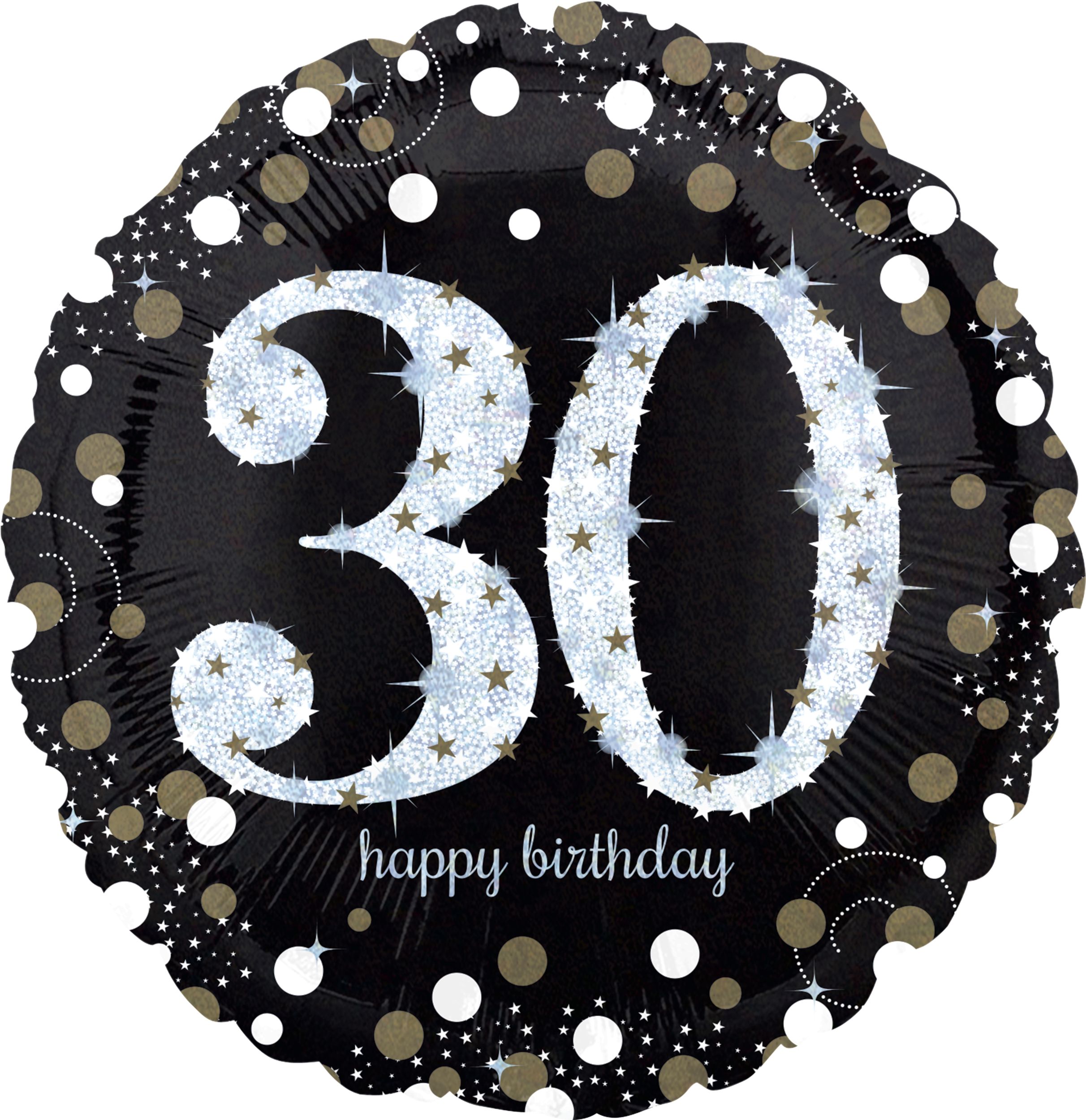 Sparkling Celebration "30 Happy Birthday" Round Satin Foil Balloon, Black/Gold, 18-in, Helium Inflation & Ribbon Included for Birthday Party Front_Flat