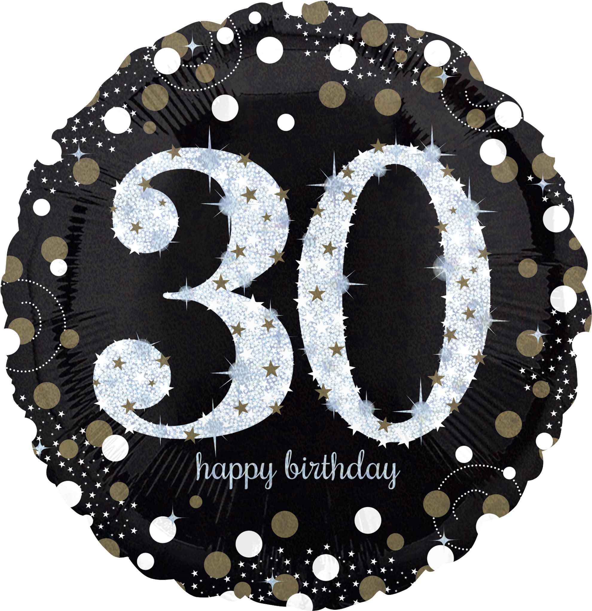 Sparkling Celebration "30 Happy Birthday" Round Satin Foil Balloon, Black/Gold, 18-in, Helium Inflation & Ribbon Included for Birthday Party Front_Flat