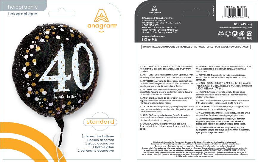Sparkling Celebration "40 Happy Birthday" Round Satin Foil Balloon, Black/Gold, 18-in, Helium Inflation & Ribbon Included for Birthday Party Composite_or_Mixed