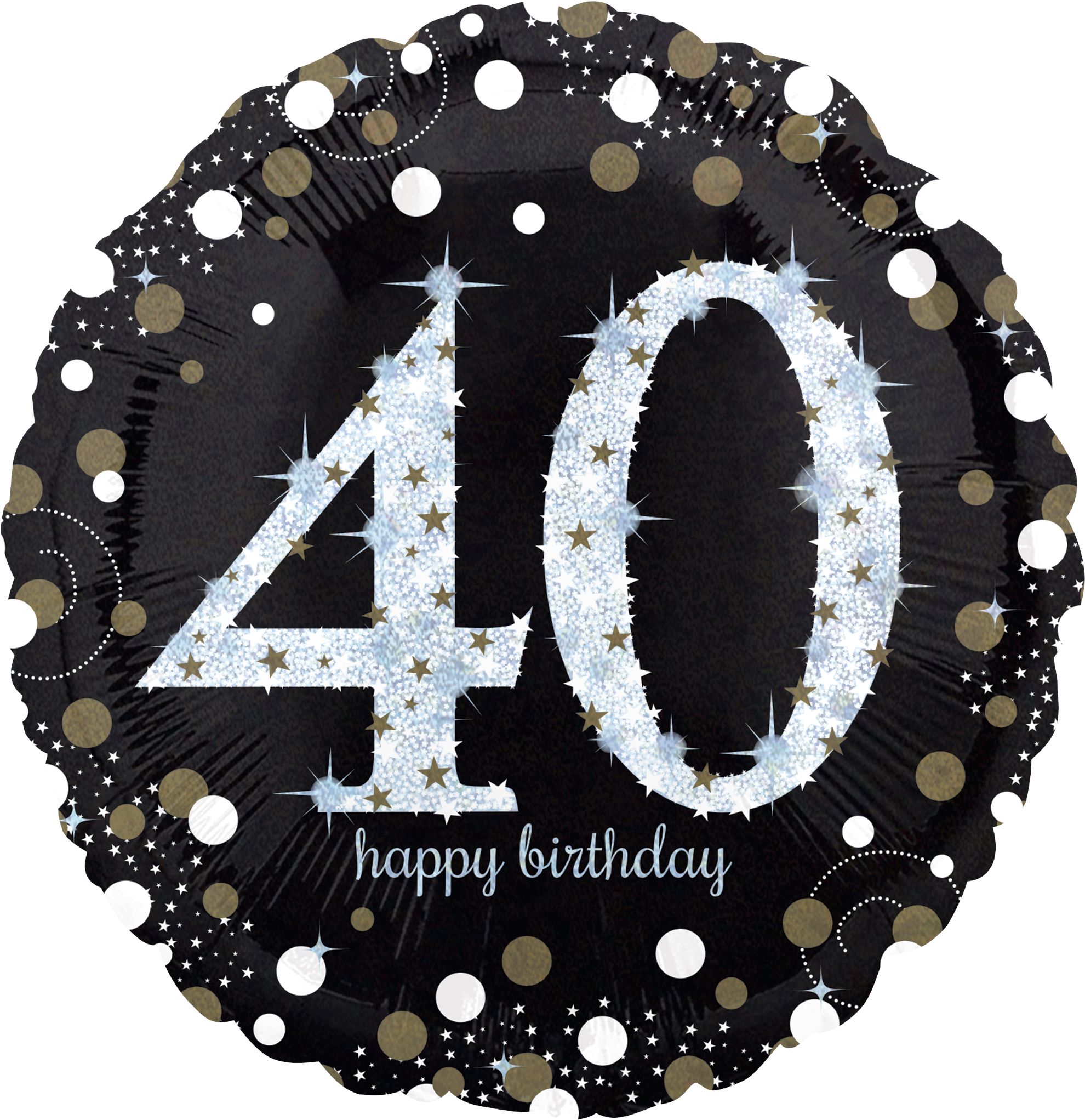 Sparkling Celebration "40 Happy Birthday" Round Satin Foil Balloon, Black/Gold, 18-in, Helium Inflation & Ribbon Included for Birthday Party Front_Flat