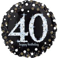 Sparkling Celebration "40 Happy Birthday" Round Satin Foil Balloon, Black/Gold, 18-in, Helium Inflation & Ribbon Included for Birthday Party