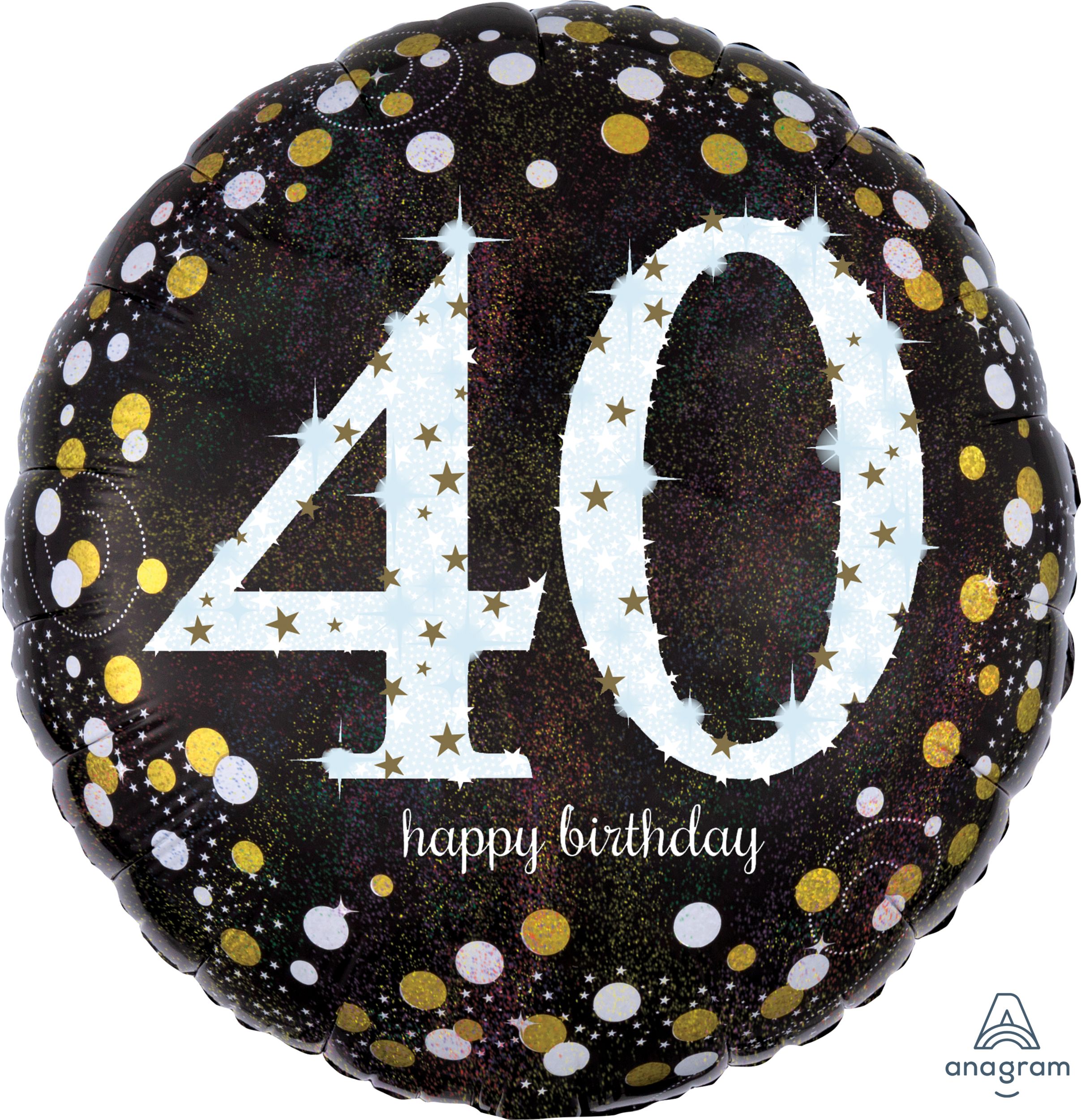 Sparkling Celebration "40 Happy Birthday" Round Satin Foil Balloon, Black/Gold, 18-in, Helium Inflation & Ribbon Included for Birthday Party Front_Flat