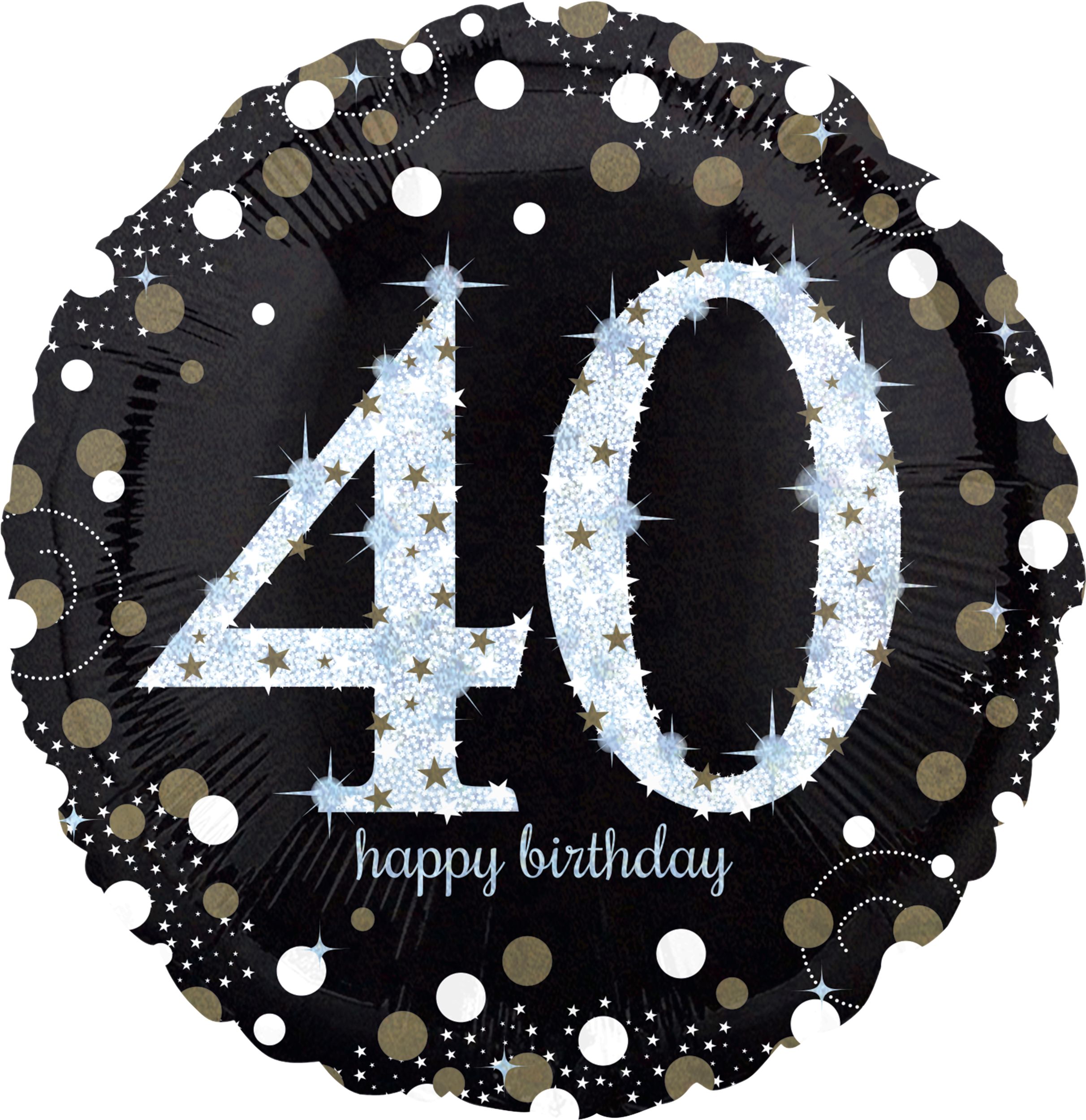 Sparkling Celebration "40 Happy Birthday" Round Satin Foil Balloon, Black/Gold, 18-in, Helium Inflation & Ribbon Included for Birthday Party Front_Flat