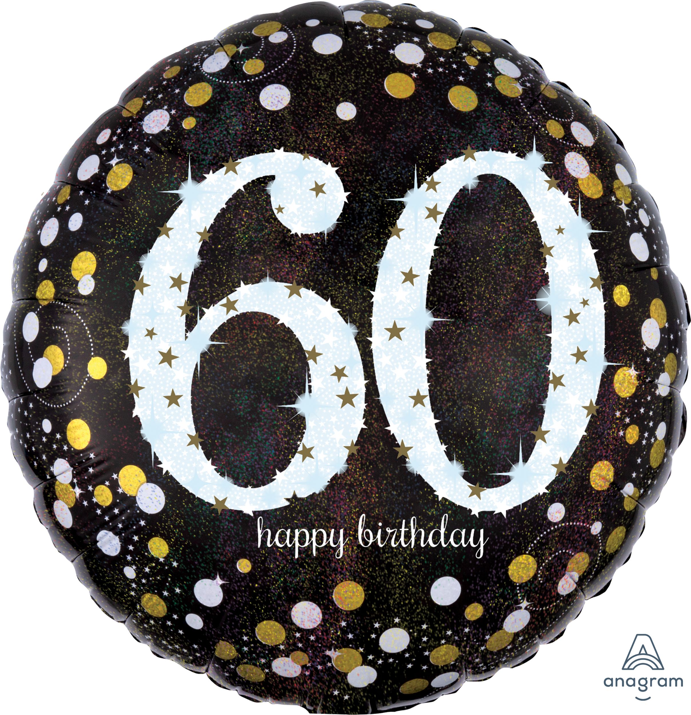 Sparkling Celebration "60 Happy Birthday" Round Satin Foil Balloon, Black/Gold, 18-in, Helium Inflation & Ribbon Included for Birthday Party Front_Flat